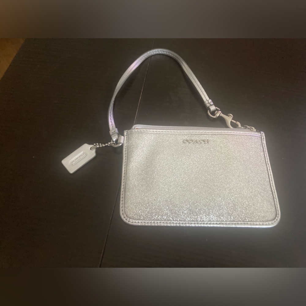 Coach Vintage Glittery Silver Skinny Zip Wristlet Wallet. Good Used Condition